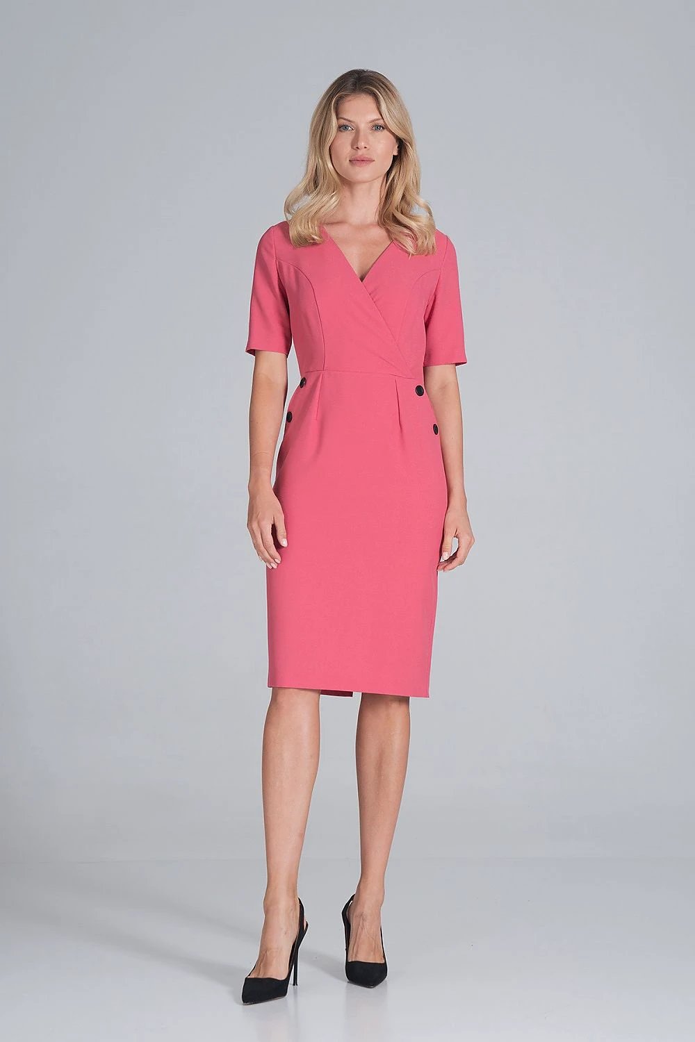 Figl Daydress Model 162425 - Midi Pencil Dress with Envelope Neckline and Short Sleeves by Figl