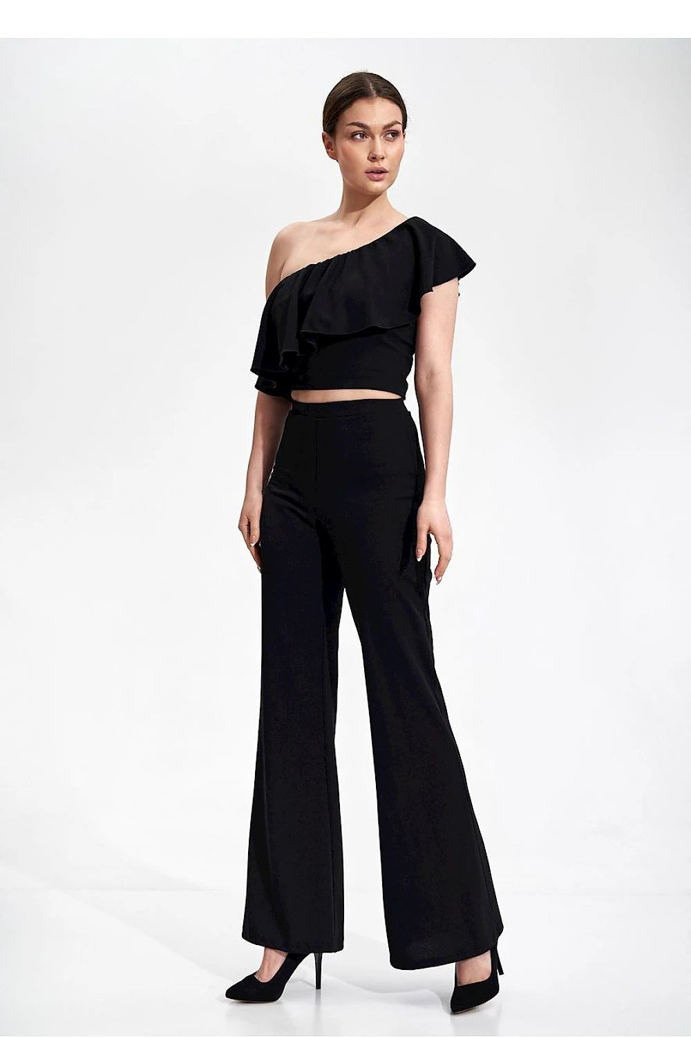 Figl Blouse - Stylish One Shoulder Ruffle Crop Top for Women, Comfortable 95% Polyester Blend Design by Figl