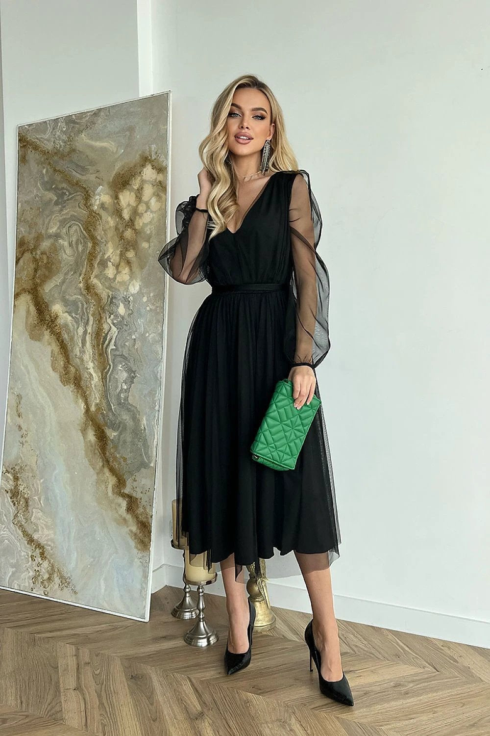 Bicotone Evening Dress - Midi Length with Flared Layered Skirt, Brocade Mesh, and Elastic Long Sleeves by Bicotone