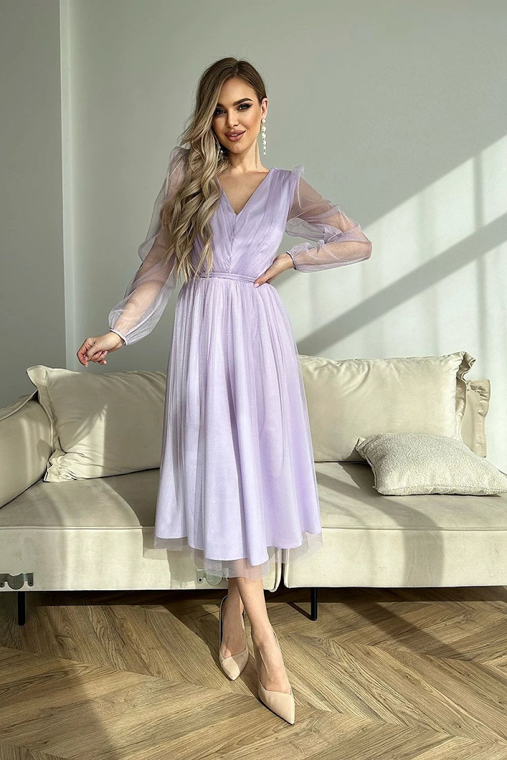 Bicotone Evening Dress - Midi Length with Flared Layered Skirt, Brocade Mesh, and Elastic Long Sleeves by Bicotone