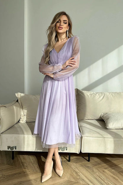 Bicotone Evening Dress - Midi Length with Flared Layered Skirt, Brocade Mesh, and Elastic Long Sleeves by Bicotone