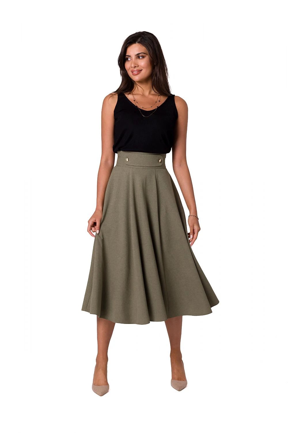 BeWear Women's Flared Midi Skirt - High Waist, Zipper Closure, and Decorative Buttons in 100% Polyester by BeWear