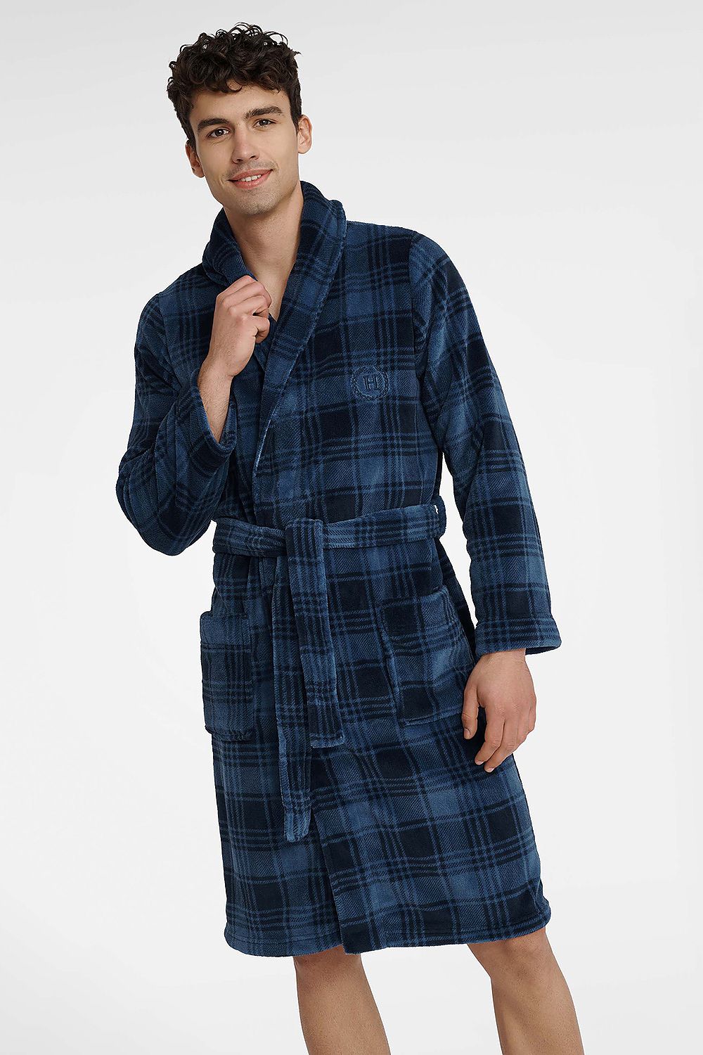 Men's navy blue checkered robe with shawl collar