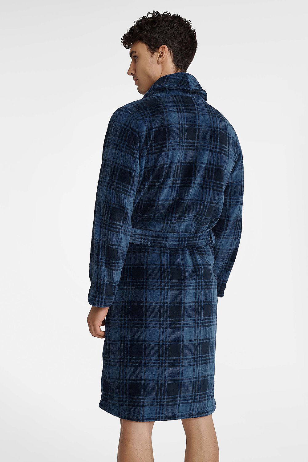 Men's navy blue checkered robe with shawl collar