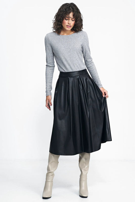 Nife Imitation Leather Midi Skirt - With Waist Belt and Pleats for Figure-Flattering Silhouette by Nife