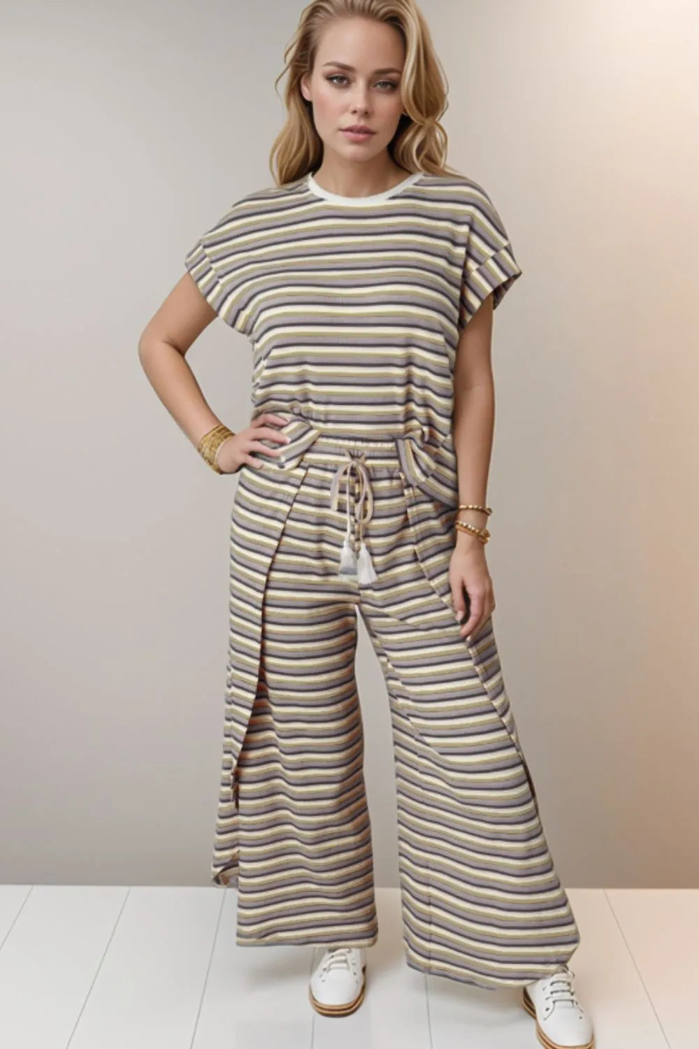Striped Round Neck Short Sleeve Top and Pants Set by Trendsi