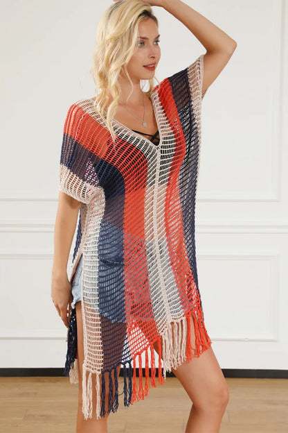 Tassel Color Block V-Neck Cover Up by Trendsi