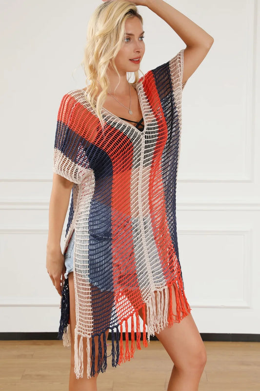 Tassel Color Block V-Neck Cover Up by Trendsi