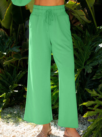 Drop Shoulder Puff Sleeve Crop Top and Drawstring Wide Leg Pants Set by Trendsi