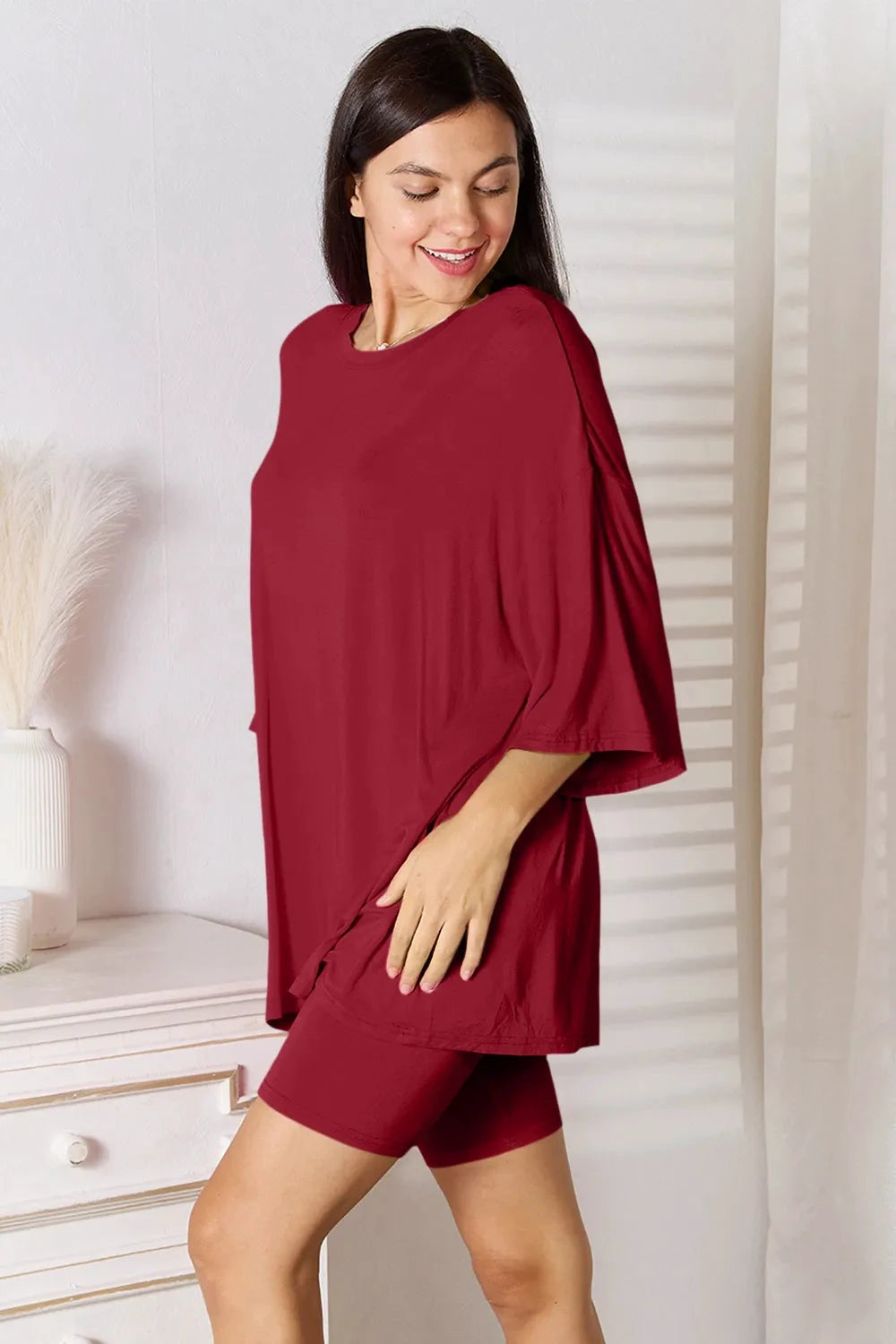 Basic Bae Full Size Soft Rayon Three-Quarter Sleeve Top and Shorts Set by Trendsi