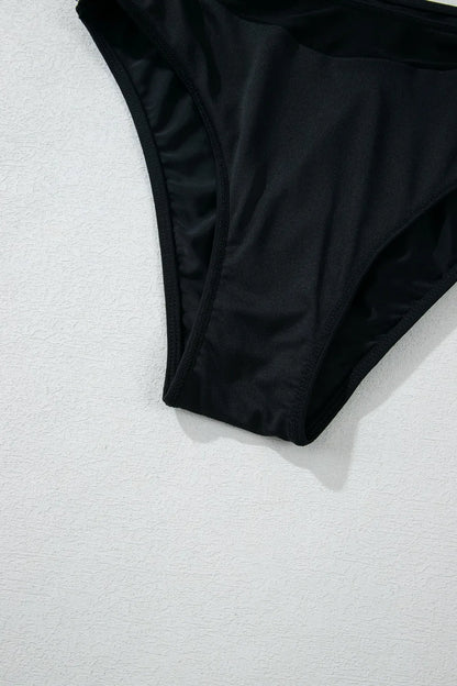 Sheer Mesh Edged Halter V Neck Push Up Bikini Set by Trendsi