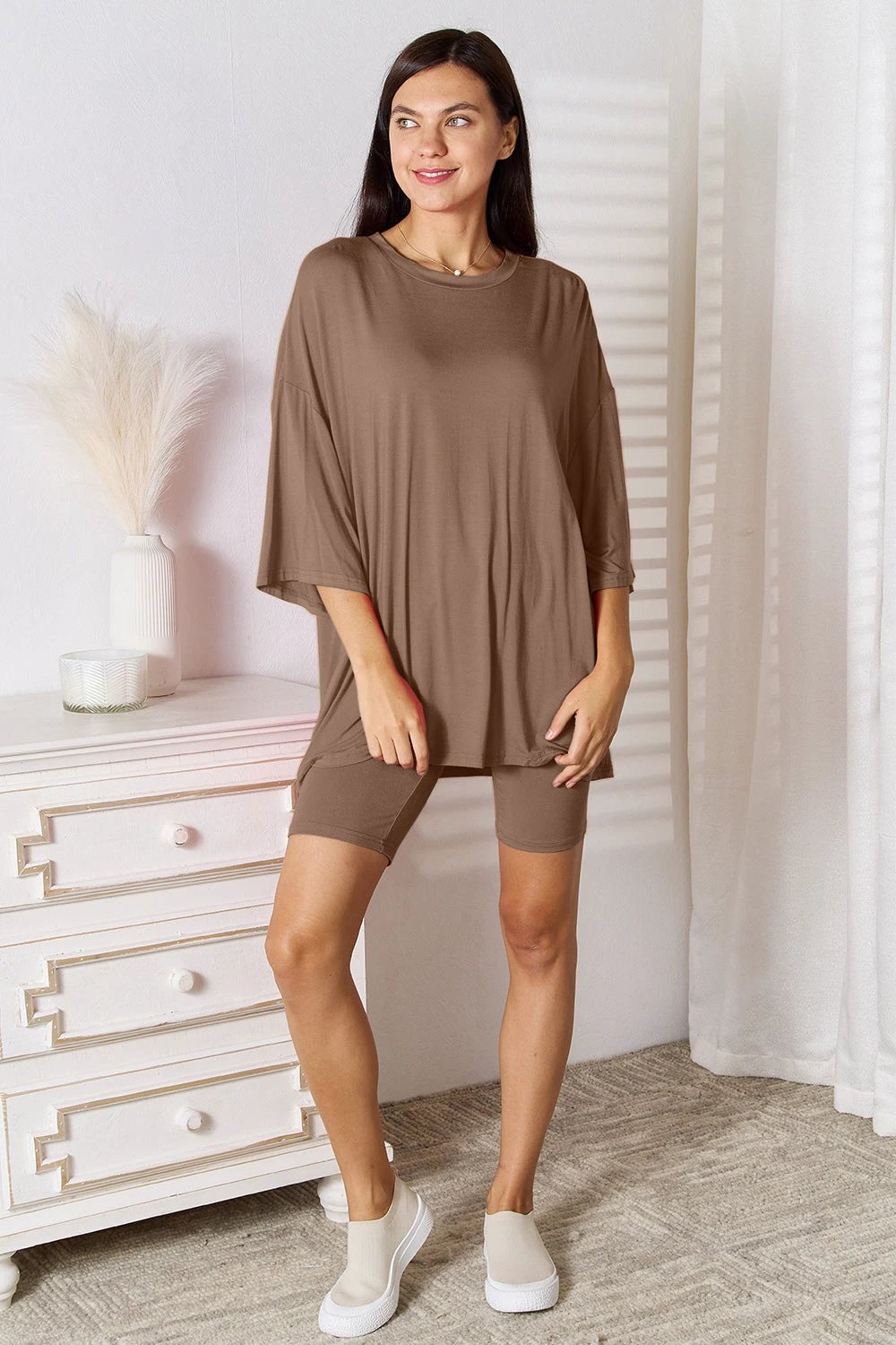 Basic Bae Full Size Soft Rayon Three-Quarter Sleeve Top and Shorts Set by Trendsi