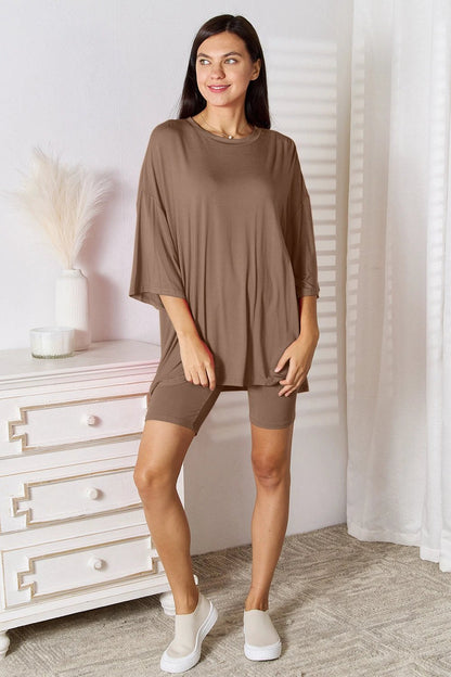 Basic Bae Full Size Soft Rayon Three-Quarter Sleeve Top and Shorts Set by Trendsi