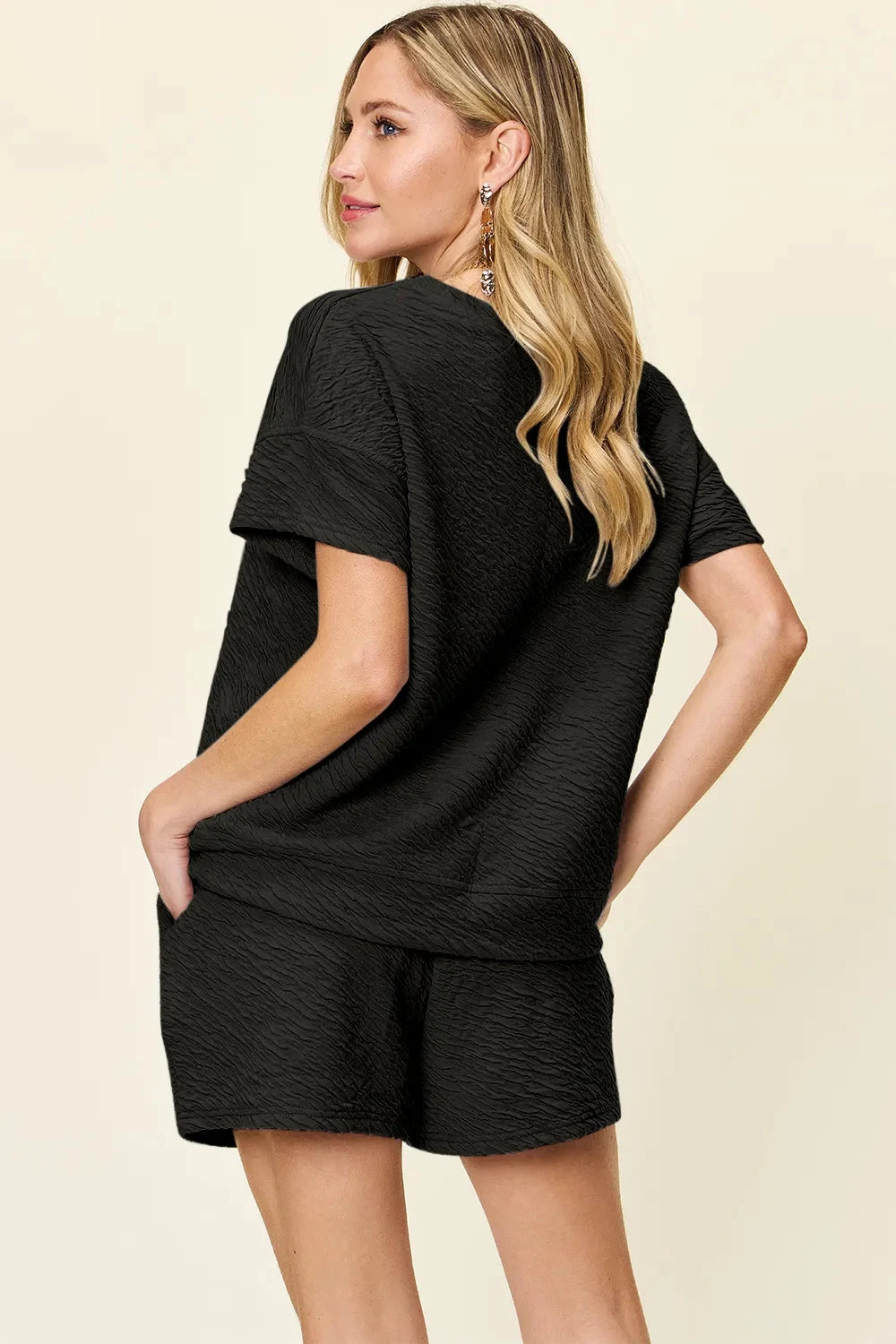 Double Take Full Size Texture Short Sleeve T-Shirt and Drawstring Shorts Set by Trendsi