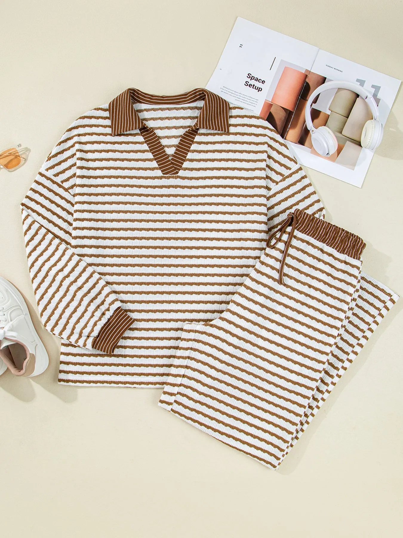 Stripe Collared Top and Drawstring Pant Set by Trendsi