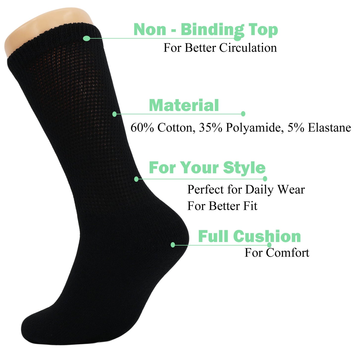 Men's Diabetic Loose Fit Non - Binding Crew Socks, 3 Pairs, Cushioned Sole, Sizes 9 - 11, 10 - 13, 13 - 15 - Ansley Effect
