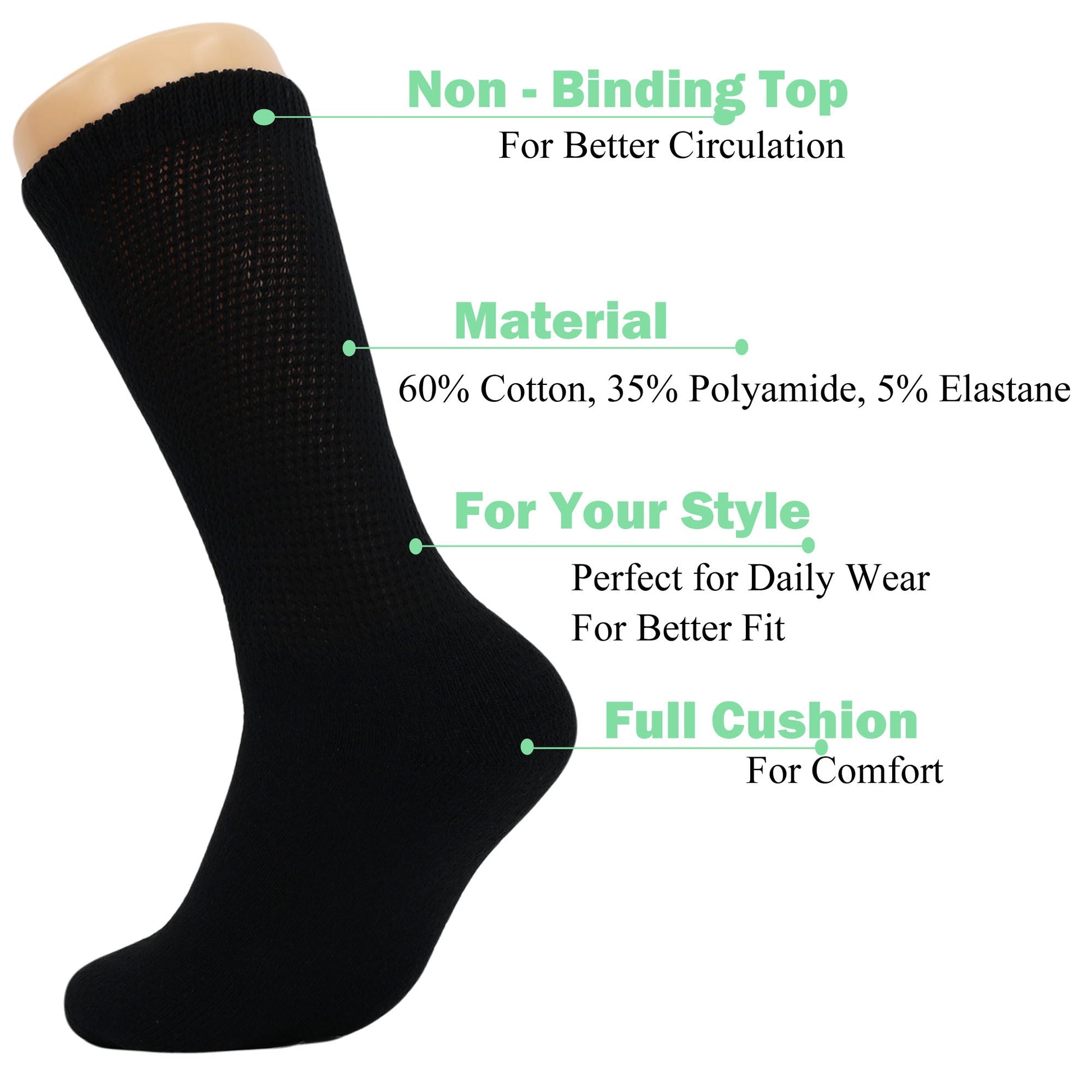 Men's Diabetic Loose Fit Non - Binding Crew Socks, 3 Pairs, Cushioned Sole, Sizes 9 - 11, 10 - 13, 13 - 15 - Ansley Effect