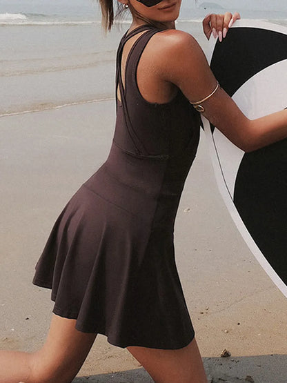 V-Neck Wide Strap Active Dress with Unitard Liner by Trendsi