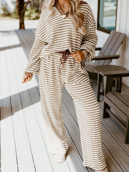 Stripe Collared Top and Drawstring Pant Set by Trendsi