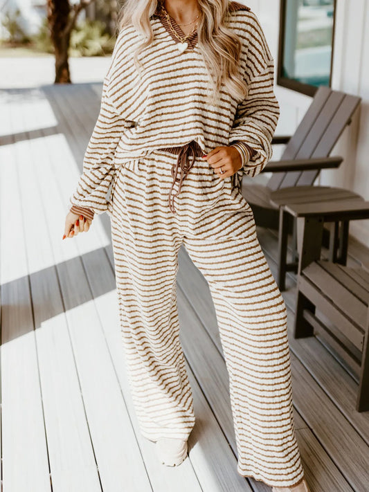 Stripe Collared Top and Drawstring Pant Set by Trendsi
