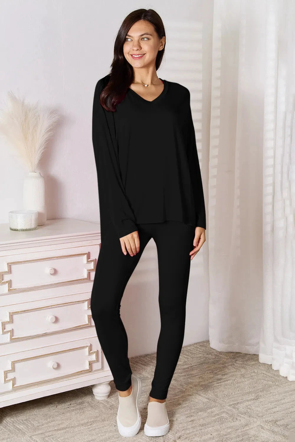 Basic Bae Bamboo Full Size V-Neck Long Sleeve Top and Pants Lounge Set by Trendsi