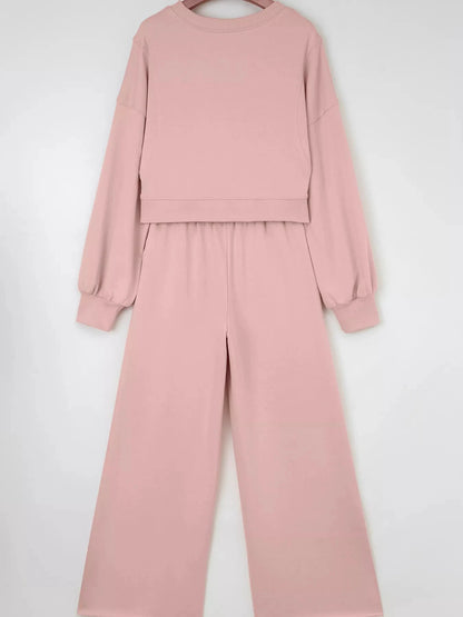 Drop Shoulder Puff Sleeve Crop Top and Drawstring Wide Leg Pants Set by Trendsi