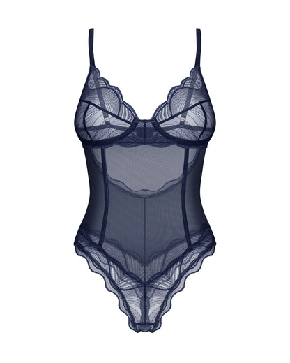 Obsessive Nightly Blue Sheer Crotchless Underwire Teddy