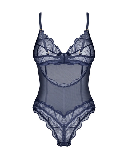 Obsessive Nightly Blue Sheer Crotchless Underwire Teddy