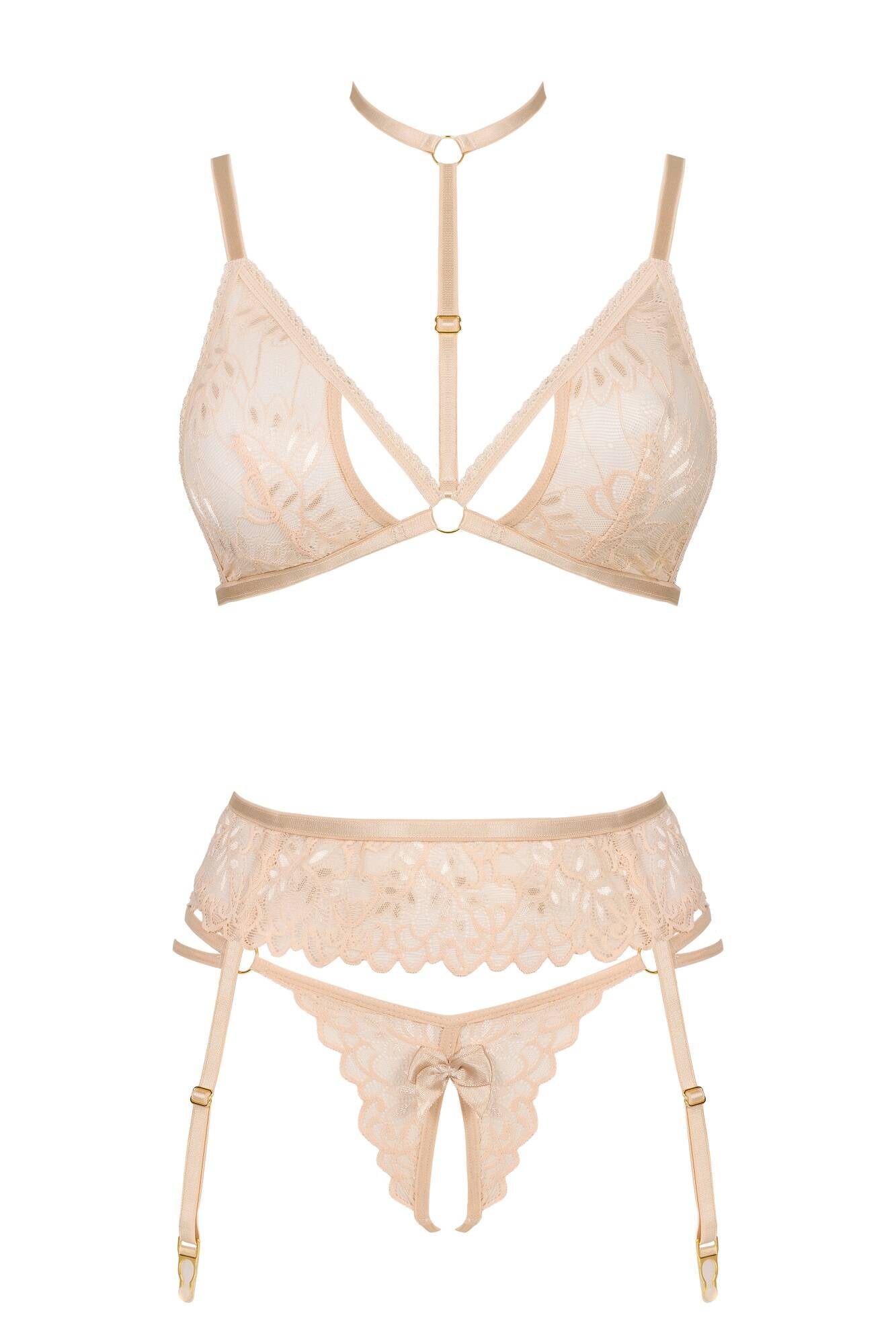 Beauty Night Noemi Strappy Triangle Bra & Crotchless String Garter Belt