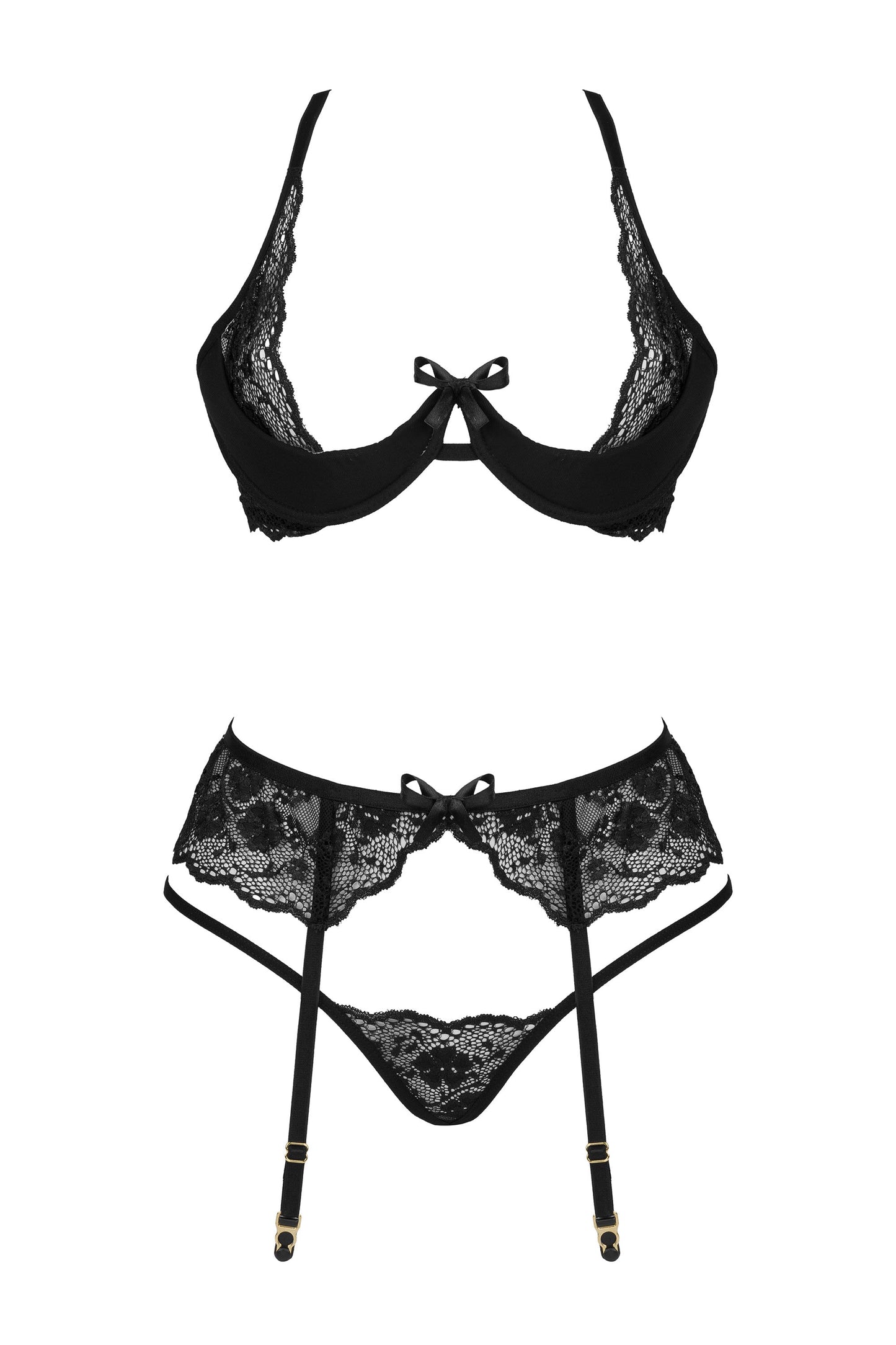 Beauty Night Rose Black Sheer Lace Plunge Bra Garter Belt & Sexy G-String