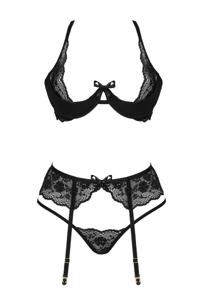 Beauty Night Rose Black Sheer Lace Plunge Bra Garter Belt & Sexy G-String