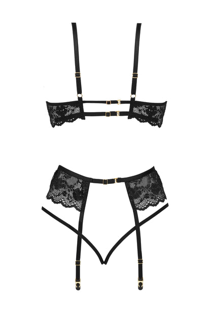 Beauty Night Rose Black Sheer Lace Plunge Bra Garter Belt & Sexy G-String