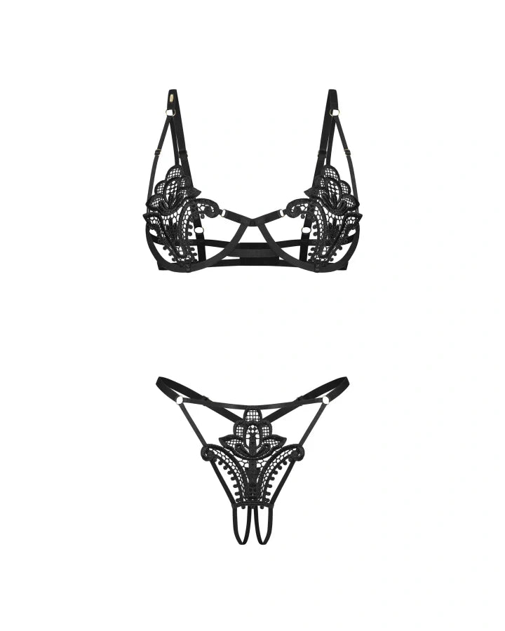 Obsessive Luise Sublim Black Lace Cut-Out Bra & Crotchless Thong Set