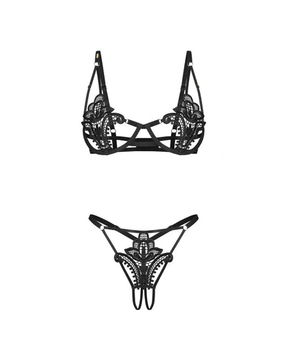 Obsessive Luise Sublim Black Lace Cut-Out Bra & Crotchless Thong Set