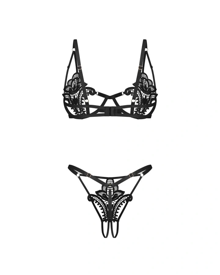 Obsessive Luise Sublim Black Lace Cut-Out Bra & Crotchless Thong Set