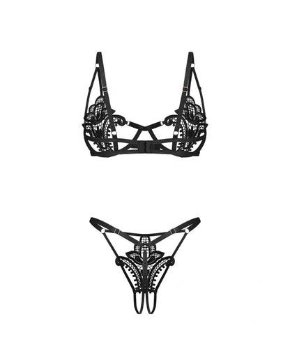 Obsessive Luise Sublim Black Lace Cut-Out Bra & Crotchless Thong Set