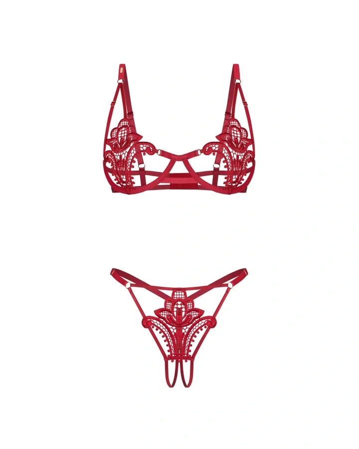 Obsessive Luise Sublim Red Lace Cut-Out Bra & Crotchless Thong Set