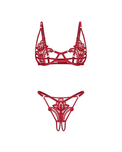 Obsessive Luise Sublim Red Lace Cut-Out Bra & Crotchless Thong Set