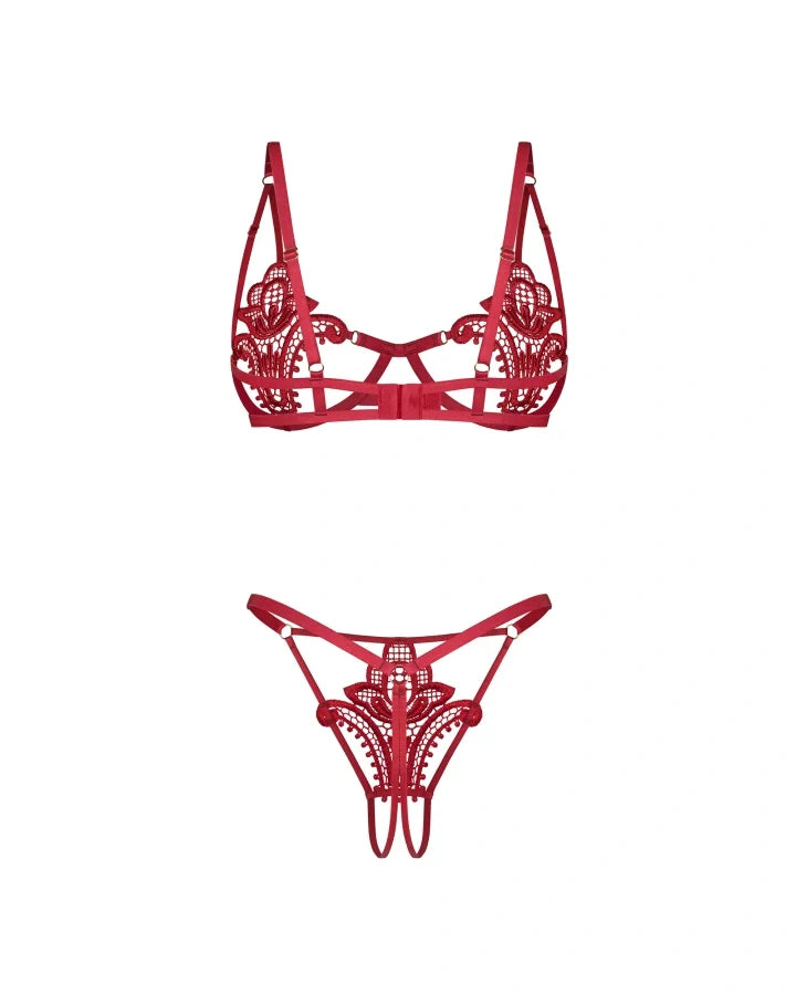 Obsessive Luise Sublim Red Lace Cut-Out Bra & Crotchless Thong Set