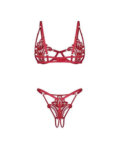 Obsessive Luise Sublim Red Lace Cut-Out Bra & Crotchless Thong Set