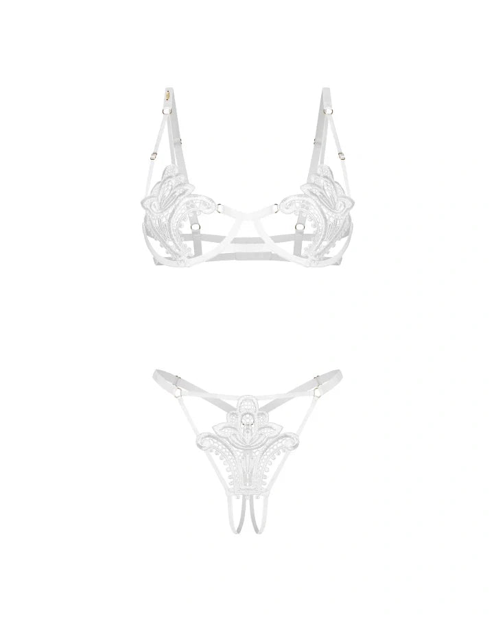 Obsessive Luise Sublim White Lace Open Cup Bra & Crotchless Thong Set