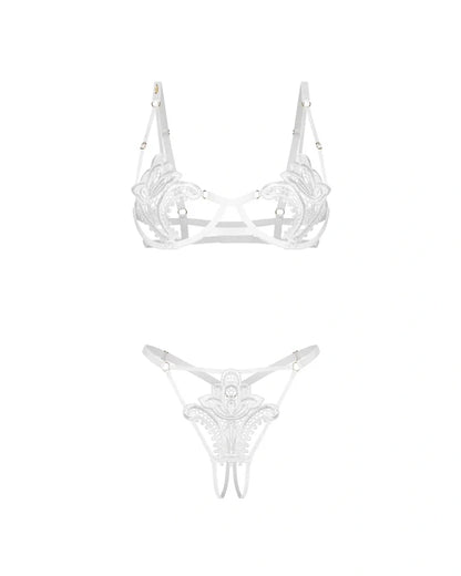 Obsessive Luise Sublim White Lace Open Cup Bra & Crotchless Thong Set