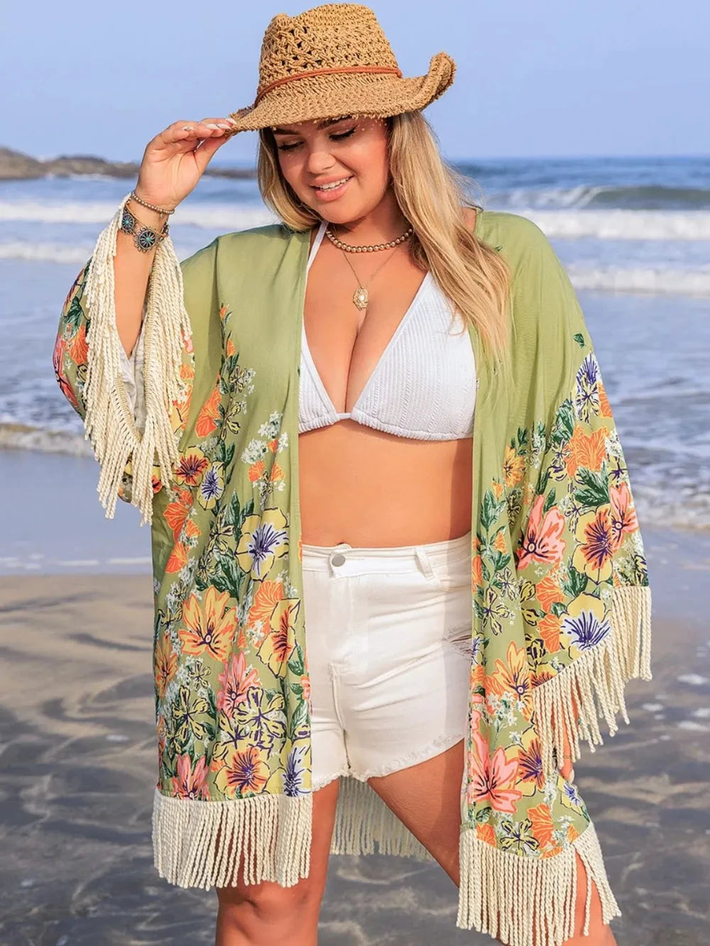 Plus Size Fringe Open Front Cover-Up by Trendsi