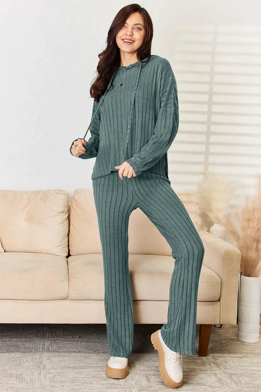 Basic Bae Ribbed Hooded Top And Straight Pants Set by Trendsi