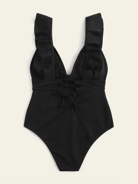 Ruffle-Trim V-Neck One-Piece Swimsuit