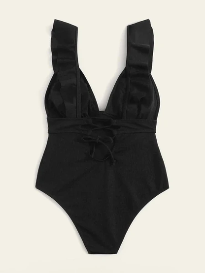 Ruffle-Trim V-Neck One-Piece Swimsuit