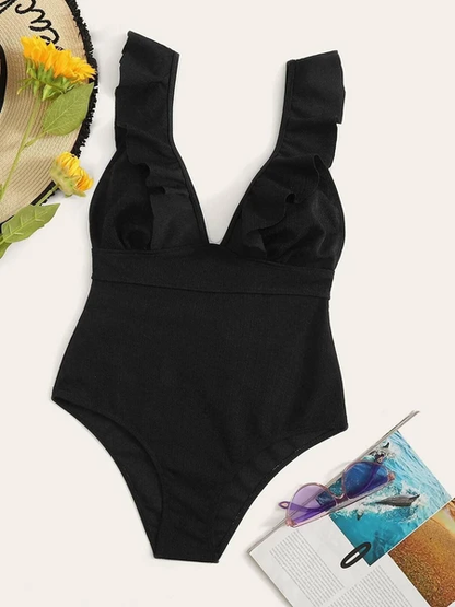 Ruffle-Trim V-Neck One-Piece Swimsuit
