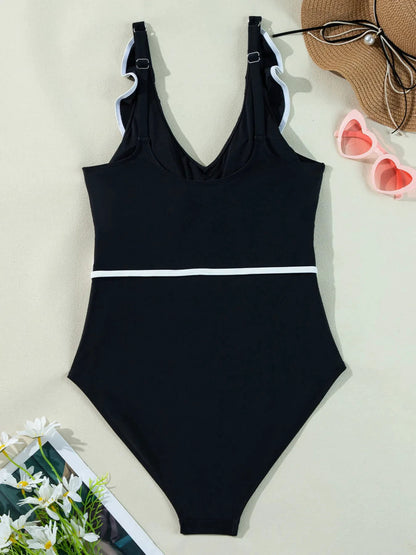Ruffle Trim V-Neck One-Piece Swimsuit by Trendsi
