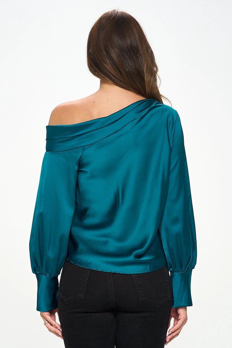 Dropped Shoulder Long Sleeve Satin Top by Reneecollection