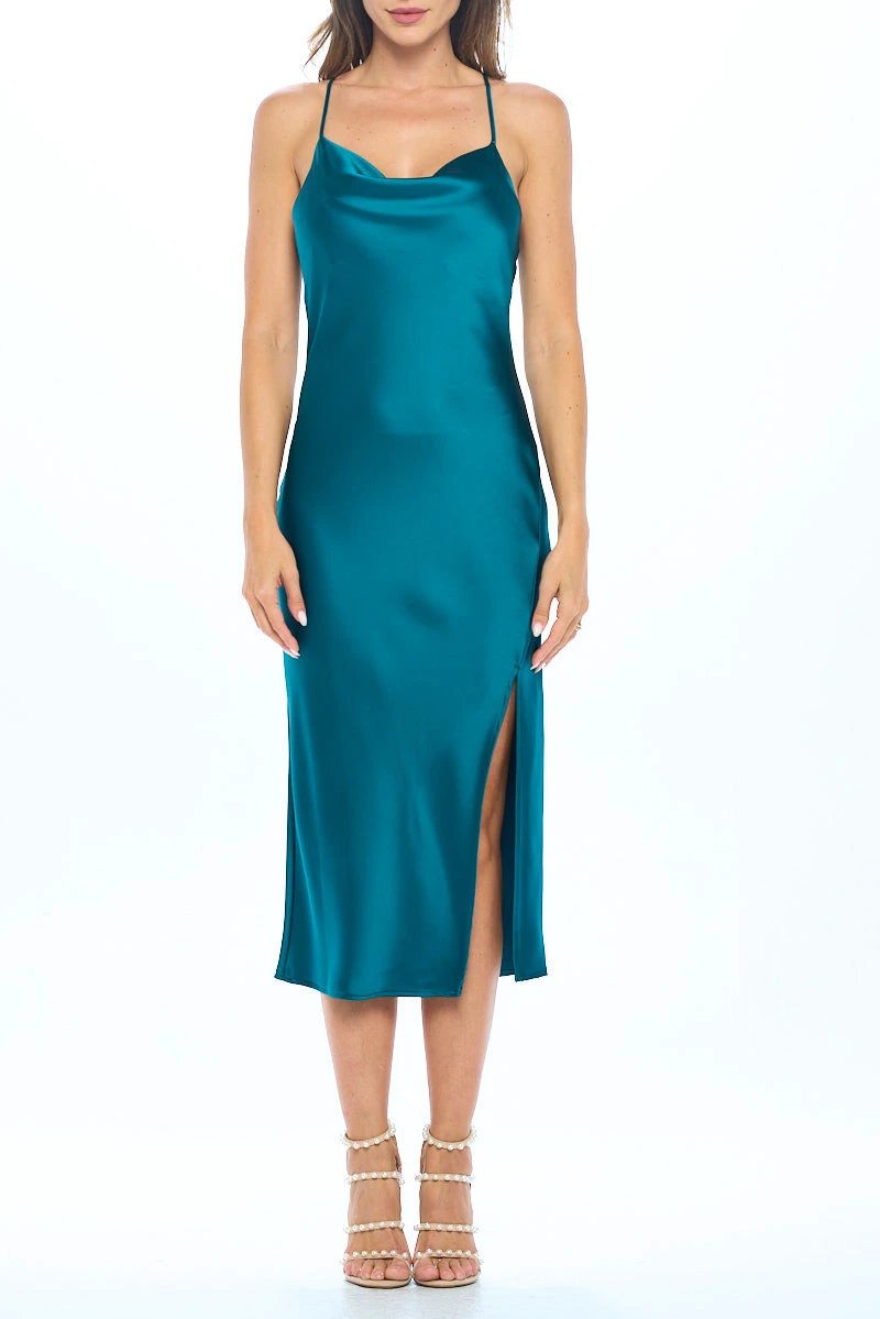 Satin Bias Slip Dress with Slit by Reneecollection